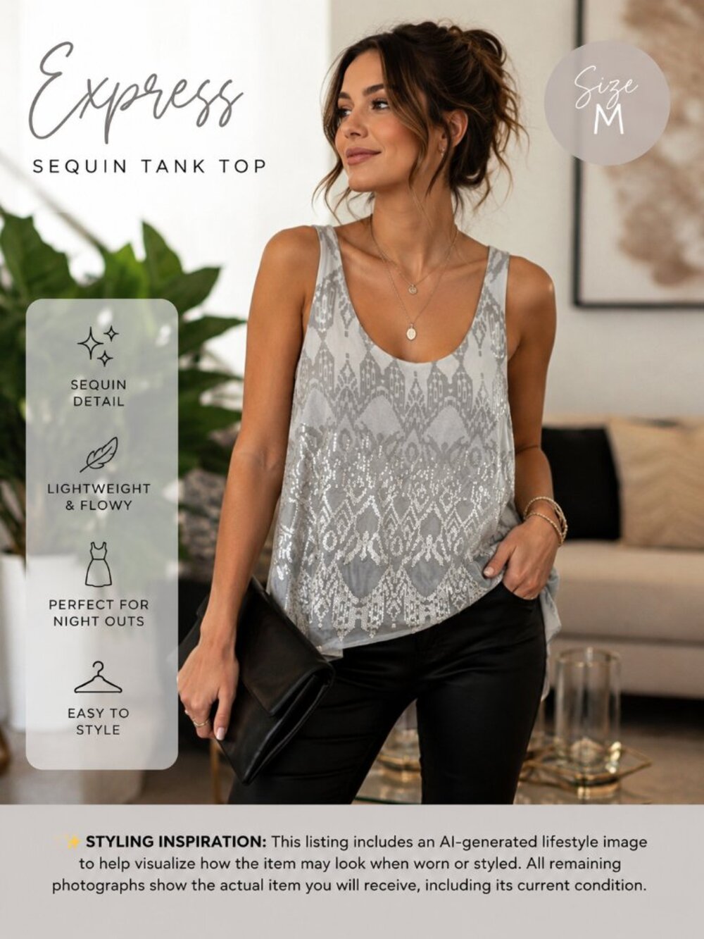 Express Sequin Sleeveless Tank Top Gray Ivory Medium